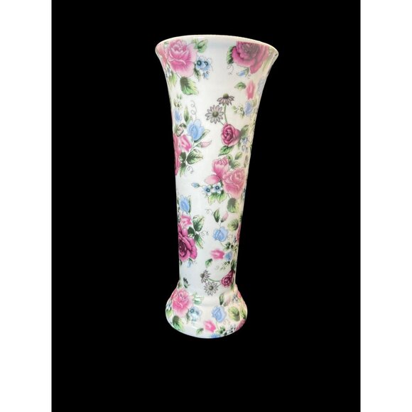 Vintage Va Bene Pink Flower Floral Handpainted Porcelain Vase 8" - Picture 1 of 8